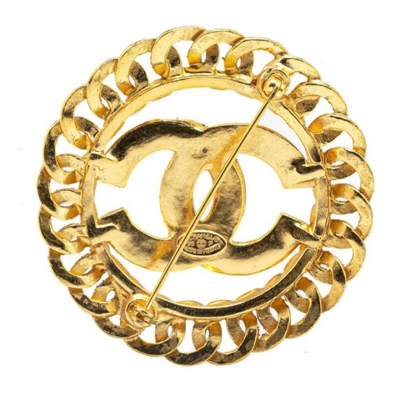 CHANEL CC Logo Chain Link Circle Round Brooch Gold Tone Pin 96P Auth w/Box #4046 - Picture 2 of 4